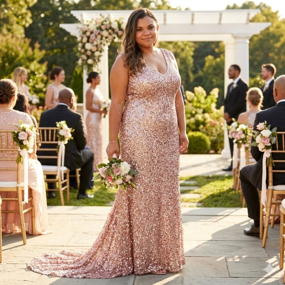 Adrianna Papell Rose Gold Sequin Bridesmaid Gown size 18